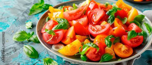 Close up salad with fresh tomatoes and seasonal ingredients