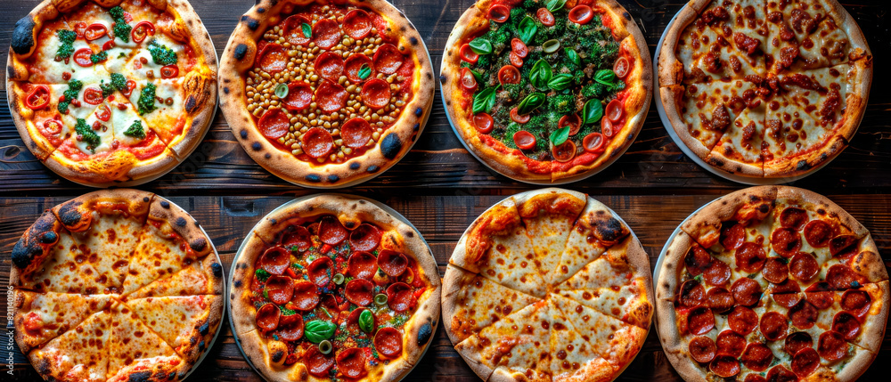 Fototapeta premium Row of pizzas, different toppings, pepperoni, cheese, spinach, mix of fresh ingredients