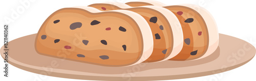 Graphic illustration of sliced raisin bread served on a simple plate, isolated on a white background