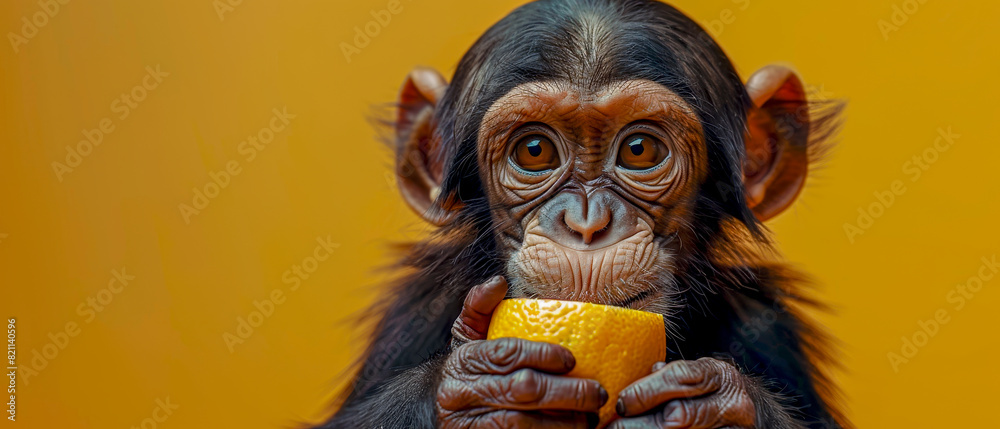 Close up baby monkey holding an orange in its mouth, clean background