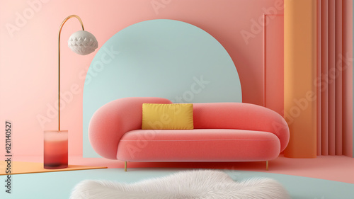 3d rendering  Kids living room   design integrates pixelated icons  pastel backgrounds  The playful and digital aesthetic of  90s handheld furniture
