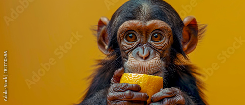 Close up baby monkey holding an orange in its mouth, clean background photo