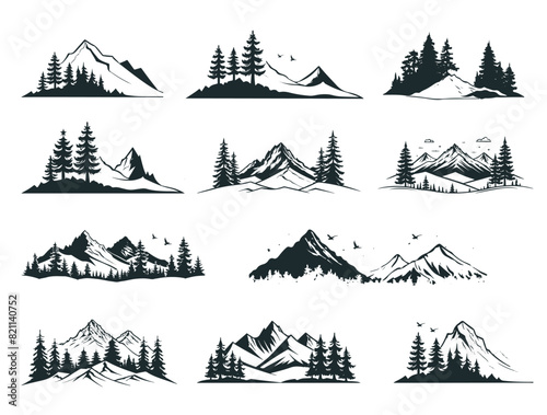 Silhouette collections of mountains, birds, hills, fir trees, and pine trees forest. Logotype ice mountain illustration for wall art, mountaineering, logo, t-shirt, and coloring page vector.
 photo