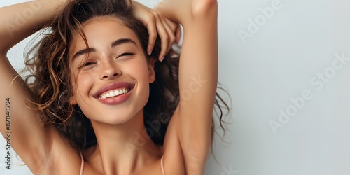 A young woman with curly hair joyfully smiling and stretching her arms behind her head
