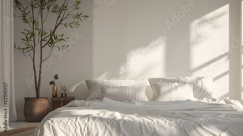 bedroom interior with white bed and vase with plant