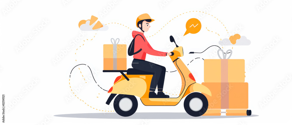 Man riding a yellow scooter with backpack on his back Man riding a yellow scooter with backpack on his back