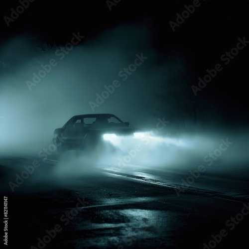 A car is driving down a wet road with its headlights on