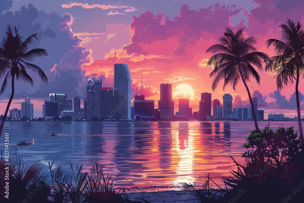Illustration of Miami Skyline in Retrowave Pastel Colors