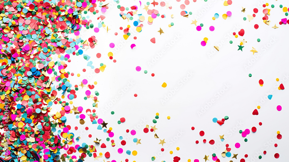 A celebratory confetti scene with room for your personalized message, providing a festive and inviting touch to your event invitations, holiday cards, or social media posts on solid white background,