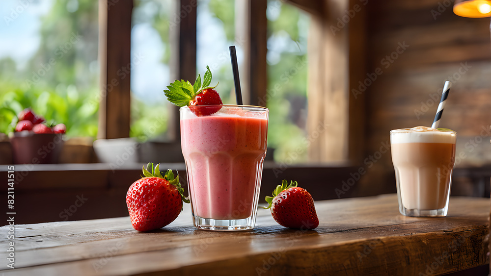 a glass of strawberry juice with strawberries on a wooden table. a glass of strawberry juice with strawberries on a wooden table.