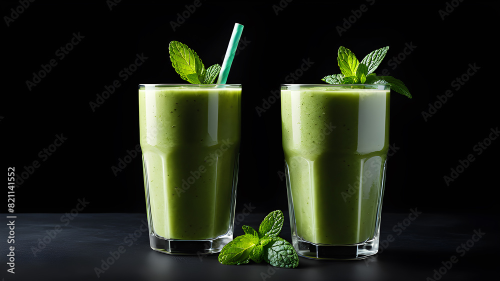 two glasses of green smoothies with strawberries and mint leaves. two glasses of green smoothies with strawberries and mint leaves.