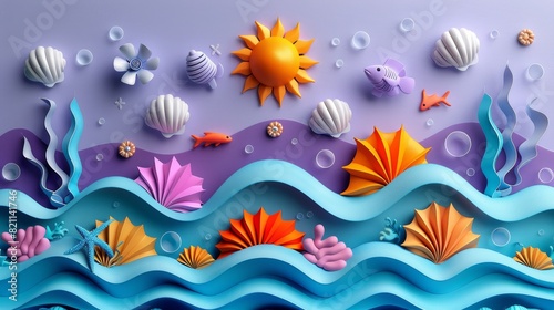 illustrations vector style for shapes of sea and summer elements like sun and sea wave's, colourful fish, beach equipments, solid background purple, blue and yellow  main colors photo
