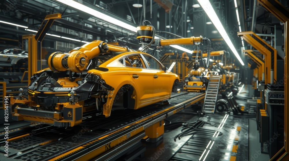 An elevated wide shot of a high-tech manufacturing car factory featuring an automated robot arm assembly line manufacturing high-tech green energy electric vehicles. A construction, building, welding An elevated wide shot of a high-tech manufacturing car factory featuring an automated robot arm assembly line manufacturing high-tech green energy electric vehicles. A construction, building, welding