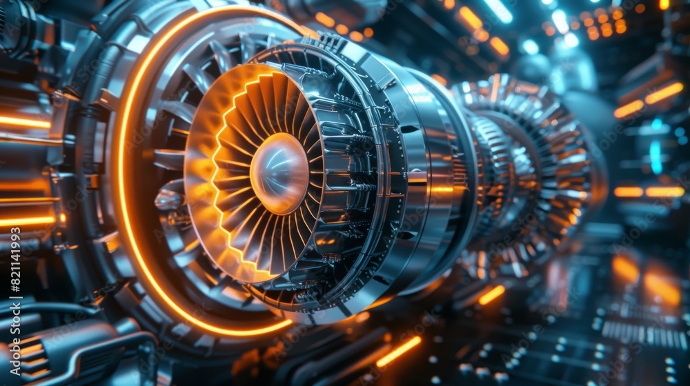 The first industrial jet engine with a rotating fan installed in a research and development facility. The first industrial jet engine with a rotating fan installed in a research and development facility.