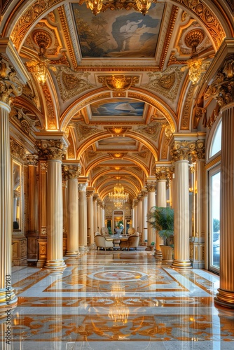 A Panoramic view of an opulent classic architectural interior with grand columns and luxurious decor