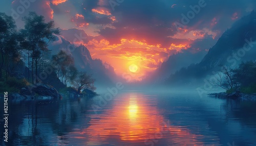 A sunrise illuminating a misty river valley, front view, capturing the serene morning light, advanced tone, Analogous Color Scheme