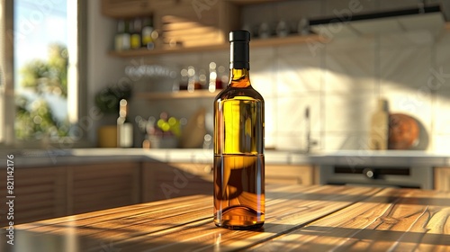 a bottle of red wine showcased on a kitchen table, its surroundings softly blurred to accentuate the sleek aesthetic.