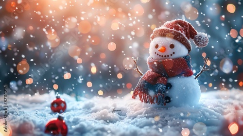 Adorable snowman with a scarf and hat, snow falling, festive background photo