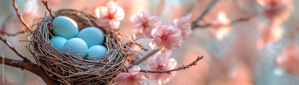 Birds nest with blue eggs, blooming pink cherry blossoms, soft light Birds nest with blue eggs, blooming pink cherry blossoms, soft light