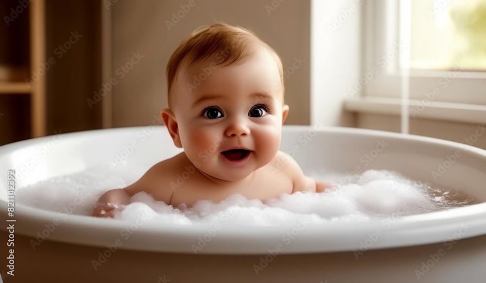 Bath Time Bliss: Smiling Baby Enjoys Splish-Splashing with Bathtub Toys Bath Time Bliss: Smiling Baby Enjoys Splish-Splashing with Bathtub Toys