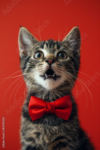 Cat wearing a red bow tie, surprised expression, bright red background, festive and charming © Creative_Bringer