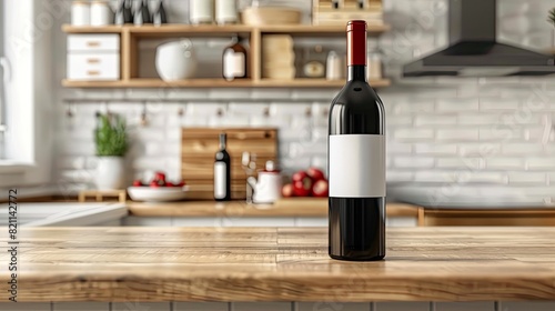 a bottle of red wine showcased on a kitchen table, its surroundings softly blurred to accentuate the sleek aesthetic. © lililia