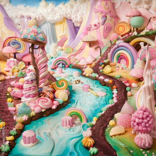 A colorful and whimsical scene of a candy land with a river running through it