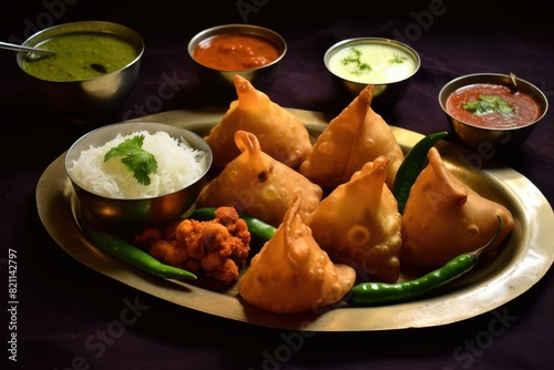 A bengali food singara with various dipping sauces on a table, ready to be enjoyed. Generative AI photo