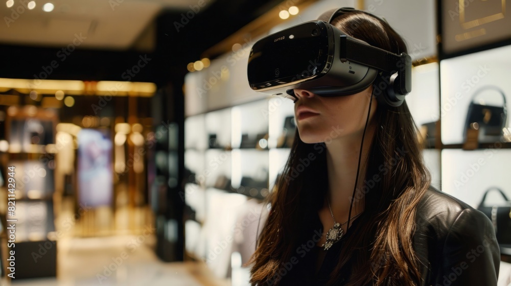 A woman is trying out a virtual reality headset in a store, experiencing immersive technology firsthand. A woman is trying out a virtual reality headset in a store, experiencing immersive technology firsthand.