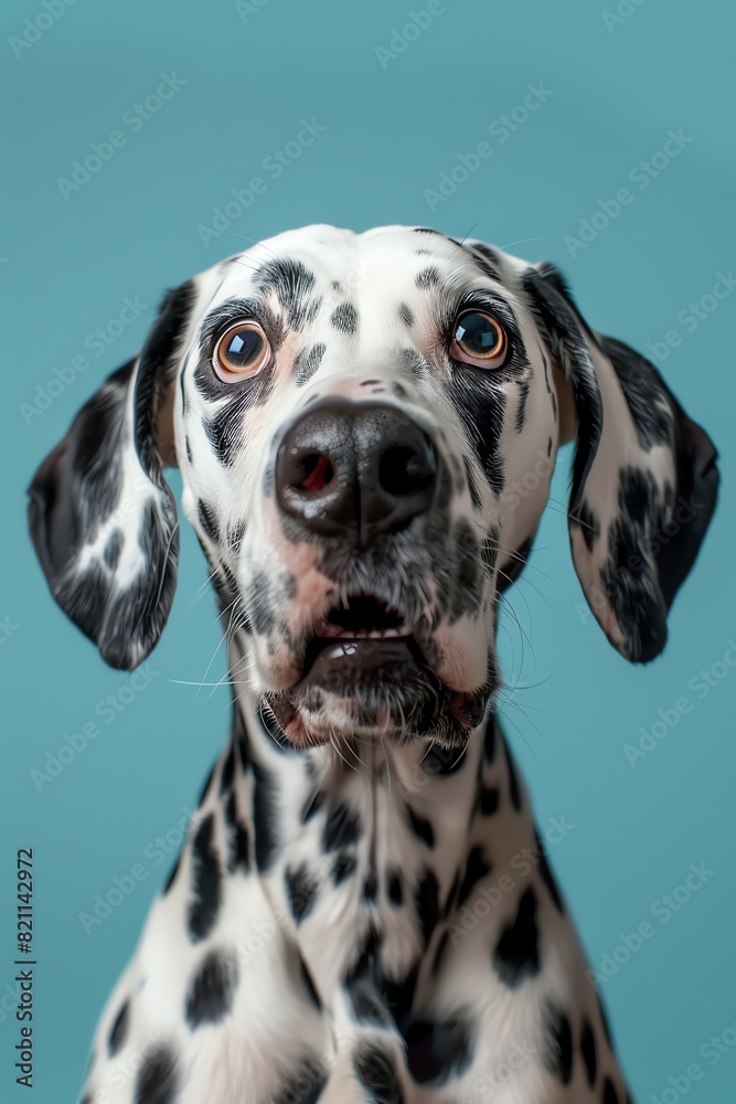 Dalmatian dog with a surprised expression against a solid blue background, closeup shot, bright light
