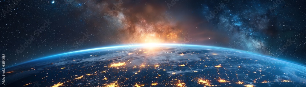 Earth from space with city lights and starry background, panoramic wideangle view