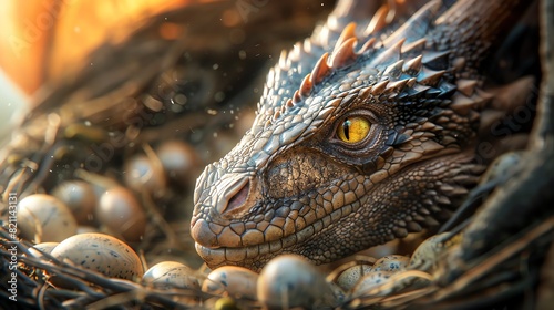 Dragon guarding its eggs in a nest  closeup shot  detailed scales and intense gaze  mystical atmosphere