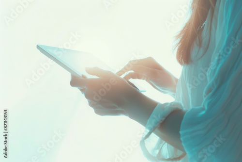 Social networking  ebook  and internet search on gray background with hands  tablet  and person in studio. Closeup  model  and digital technologies for web shopping app download  connection