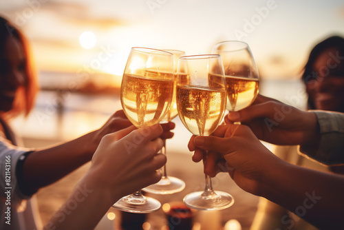 a group of friends caucasian an African American hands toasting champagne glasses for new years eve with a beach background, a celebration or engagement concept