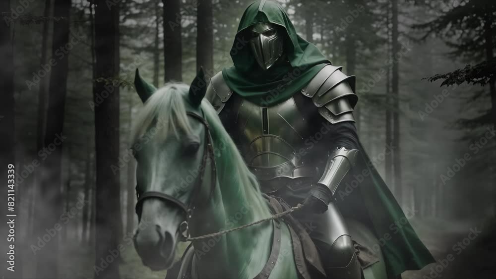 Evil Rider in Armor in Dark Forest 4K Loop features an A.I. Generated video of an armored rider wearing a green cloak and riding a pale green horse in a dark forest with mist swirling around. Evil Rider in Armor in Dark Forest 4K Loop features an A.I. Generated video of an armored rider wearing a green cloak and riding a pale green horse in a dark forest with mist swirling around.