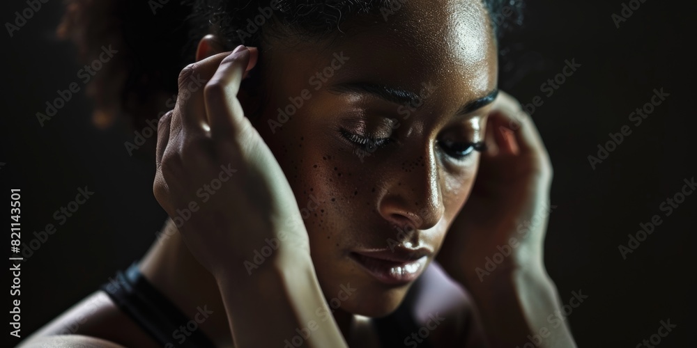 Black fantasy, cosmetics, and dream aesthetics of woman, beauty, and facial silhouette. Shadow, dark background, model headshot stroking facial flesh in mystery, studio background, erotic life Black fantasy, cosmetics, and dream aesthetics of woman, beauty, and facial silhouette. Shadow, dark background, model headshot stroking facial flesh in mystery, studio background, erotic life