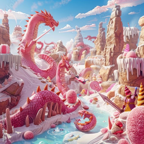 A pink dragon is swimming in a river with a pink castle in the background photo