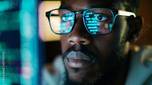 In this close-up portrait, a black male programmers is shown developing new software, coding, and managing cyber security projects as lines of code are seen on his glasses.