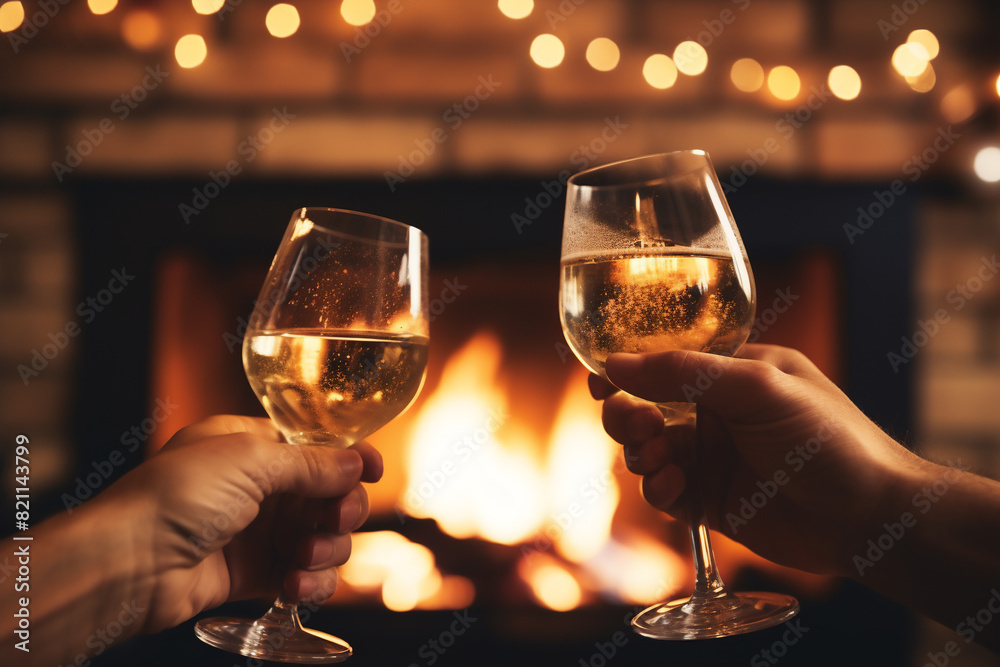 two people caucasian an African American hands toasting champagne glasses for Christmas with a fireplace background, a celebration or engagement concept