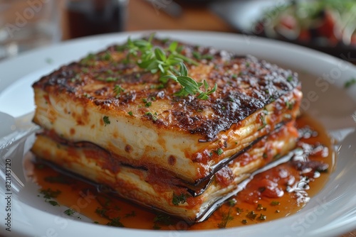 Parmigiana di Melanzane  Layers of fried eggplant  rich tomato sauce  and melted mozzarella  baked to a golden brown.