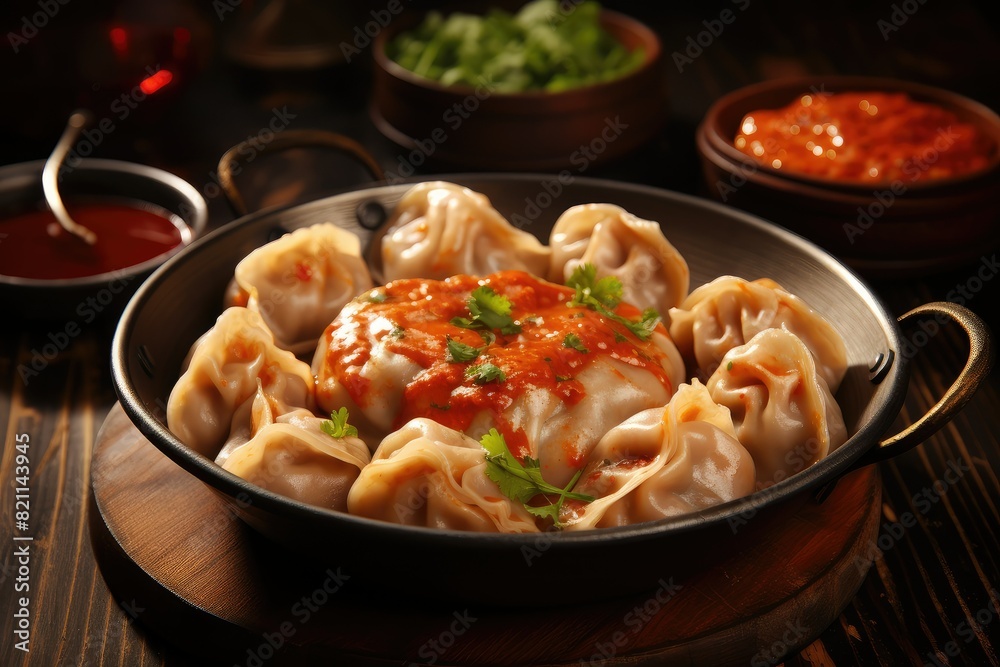 A plate filled with spicy chicken dumplings topped with sauce and garnished with fresh lettuce leaves. Generative AI