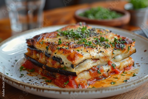 Parmigiana di Melanzane: Layers of fried eggplant, rich tomato sauce, and melted mozzarella, baked to a golden brown.