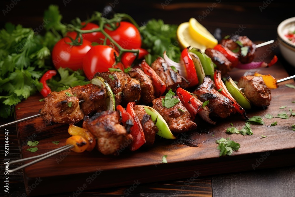 A wooden cutting board topped with skewers of Turkish chicken shish kebab, interspersed with vegetables. Generative AI A wooden cutting board topped with skewers of Turkish chicken shish kebab, interspersed with vegetables. Generative AI