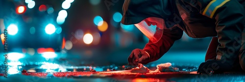 A worker is applying paint for road lines at night highlighting reflectivity and safety elements
