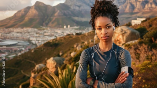 Black women and fitness outdoor music with earphones for motivation, enthusiasm, and performance against a mountain backdrop. Nature portrait of sports model for aerobic workout photo
