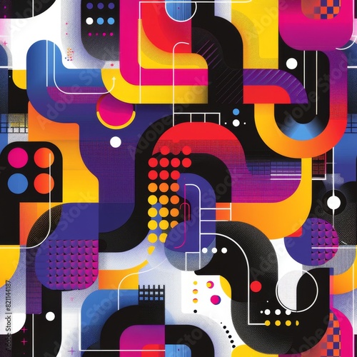 Seamless Pattern of Geometric Shapes in Retrowave Bold Colors  