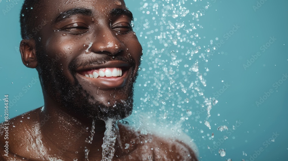 Happy black man with face and water splash in blue background cleaning, self-care, and headshot cosmetics studio. Wellness, masculine attractiveness, and shower water droplets, good skincare Happy black man with face and water splash in blue background cleaning, self-care, and headshot cosmetics studio. Wellness, masculine attractiveness, and shower water droplets, good skincare