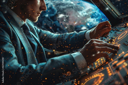 A businessman wearing a suit and tie, confidently standing in front of a futuristic control panel with his hand on the throttle, steering a sleek rocket towards the stars.