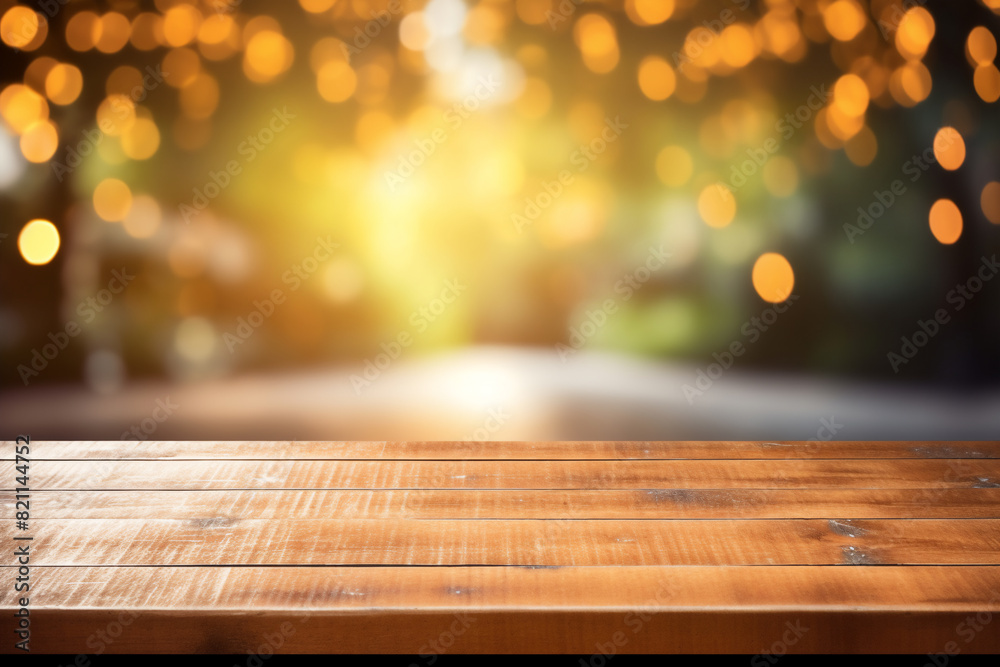 Empty wooden planks or tabletop in front of a blurred bokeh green background with water drops and modern background a product display background or wallpaper concept with backlighting