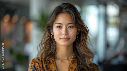 an asian business woman with casual attire, casual yet professional clothing, in an office settings, blurry background